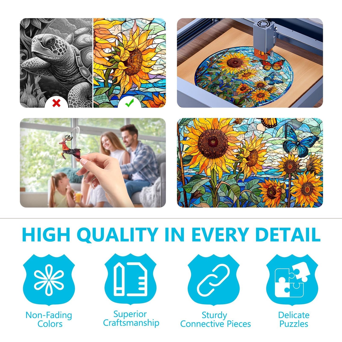 Wooden Puzzles for mature-themeds - Glass Sunflower Wooden Puzzle  Unique Shaped Wooden Jigsaw Puzzles for mature-themeds  Wood Puzzles mature-themed  Perfect for Birthday Gift  Family Puzzle  300 Piece 13.4 x 13.4in  Large