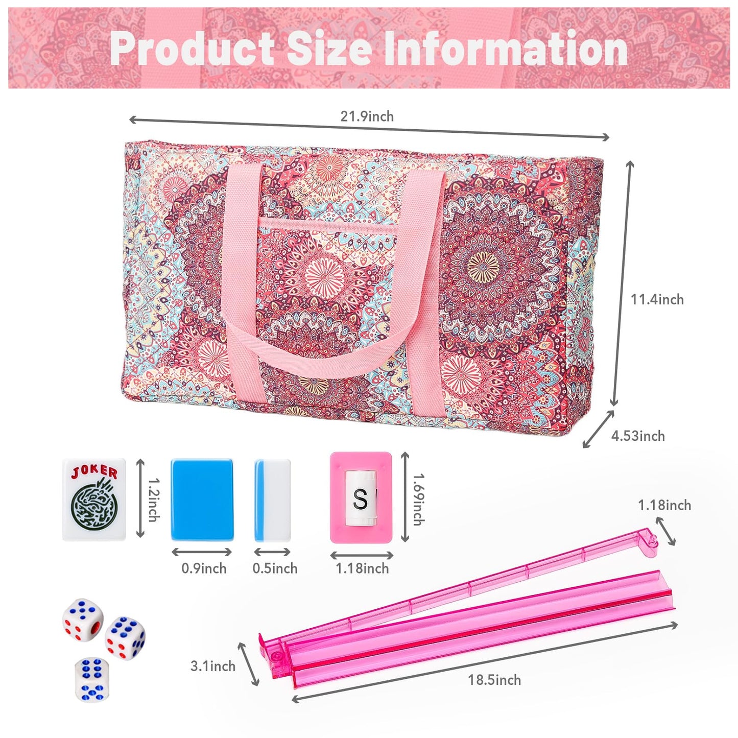 Kyerlish American Mahjong Tile Set with Pink Printed Carrying Bag  166 enhanced Tiles  4 All-in-One Color Racks/Pushers  Mah Jongg Sets  Mahjong Game Set for Travel  Christmas  Birthday Gifts
