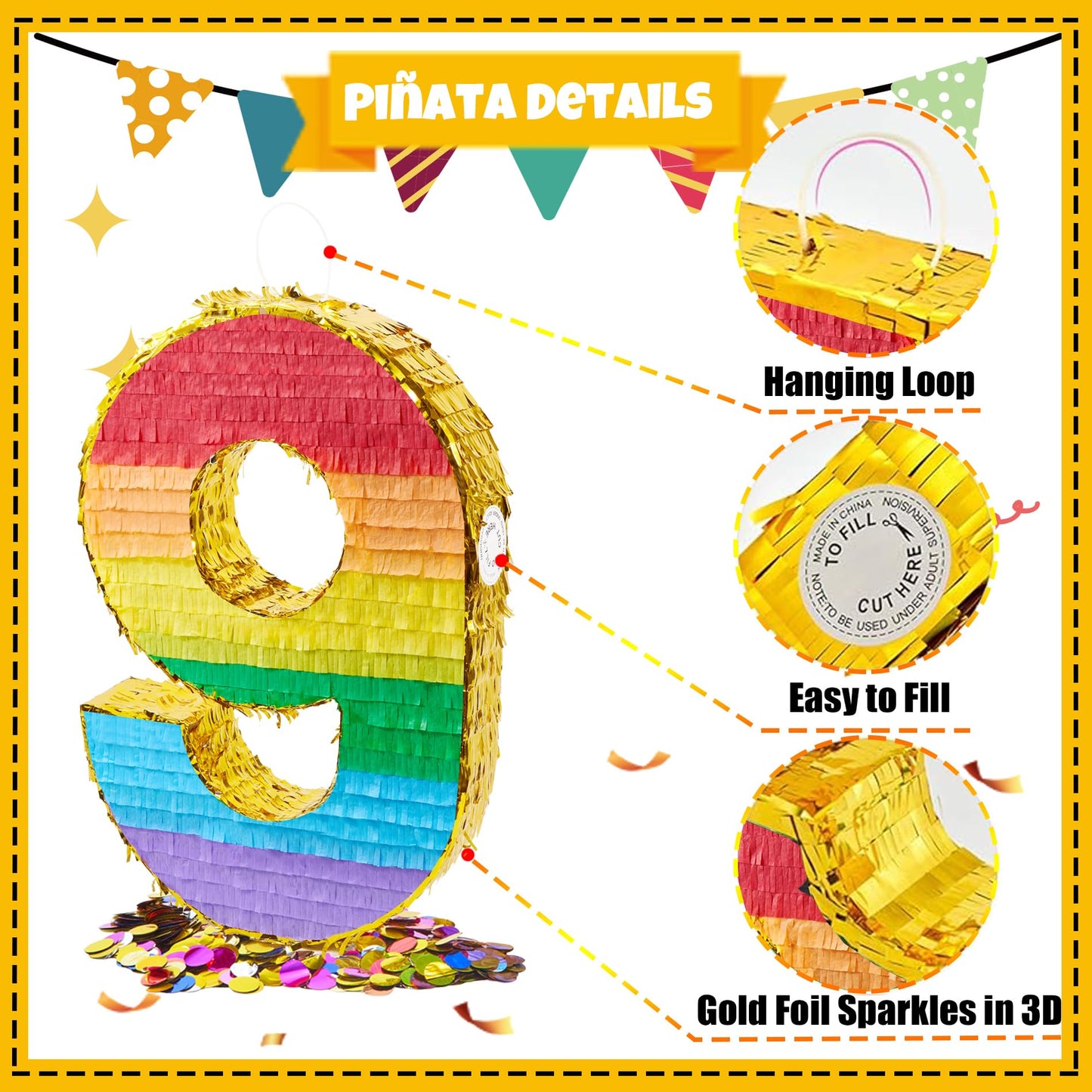 PCFING Rainbow 20 Inch Number 9 Piñata with Stick & Blindfold for Kids Birthday Party Decorations