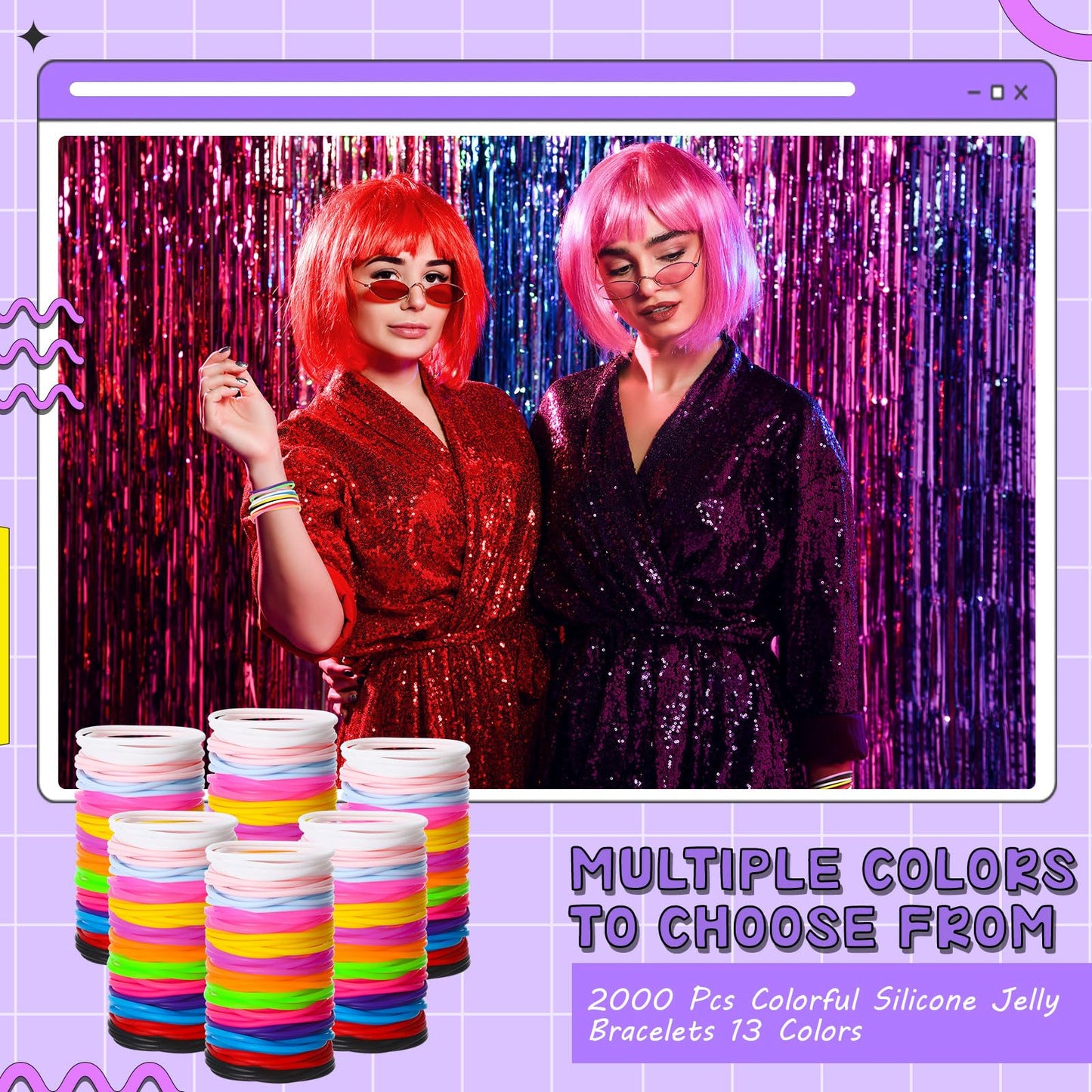 Nuenen 2000 Pcs Colorful Silicone Jelly Bracelets Bulk 80'S Silicone Bracelets Neon Jelly Bracelets Wristband Rainbow Hair Ties