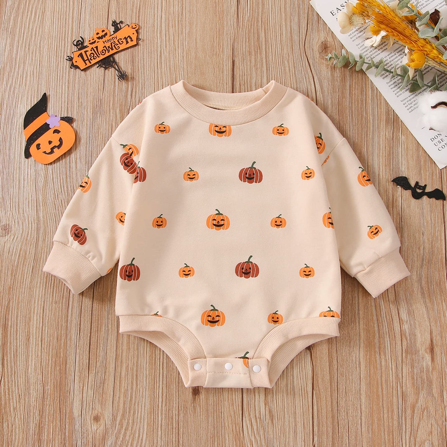 Fybitbo Halloween Baby Girl Boy Clothes Pumpkin Romper Sweatshirt Onesie Long Sleeve Bodysuit Top Fall Winter Outfit (Halloween Romper,18-24 Months)