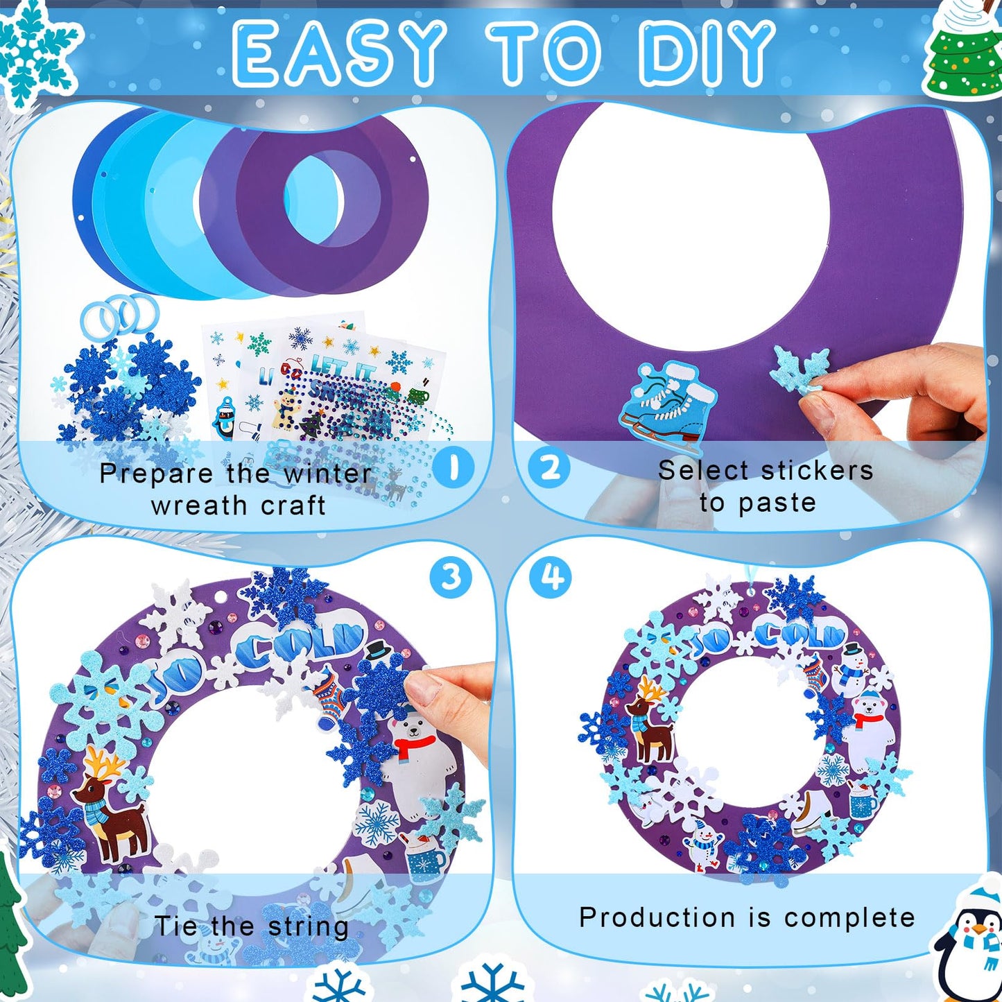 Hollowfly 48 Sets Winter Wreath Craft Kits DIY Snowflake Wreath Hanging Ornaments Make Your Own Paper Craft with Stickers for Wi
