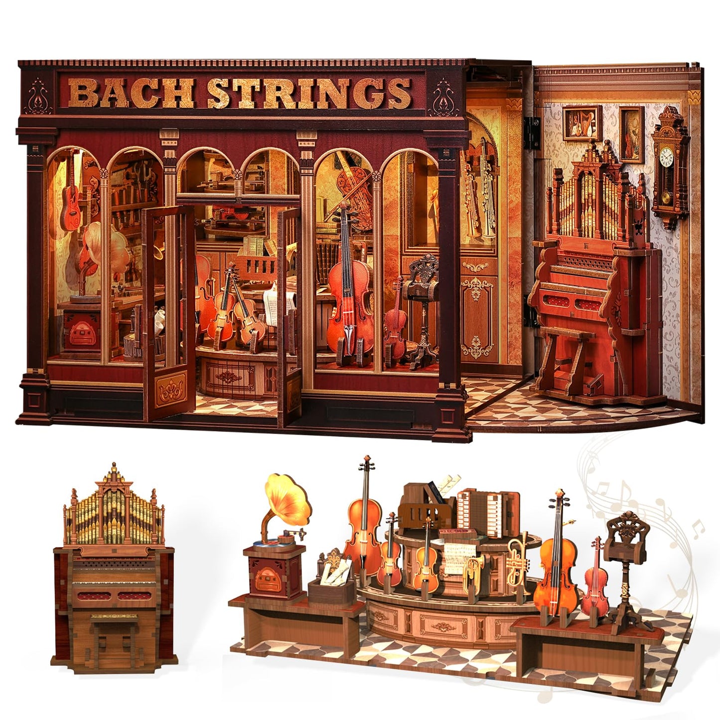 CUTEBEE Book Nook Kit - DIY Miniature House Dollhouse Kit for mature-themed and Teens  Booknook Bookshelf Decor Alley Model Build with LED Light  Gifts for Family and Friends (Bach Strings)