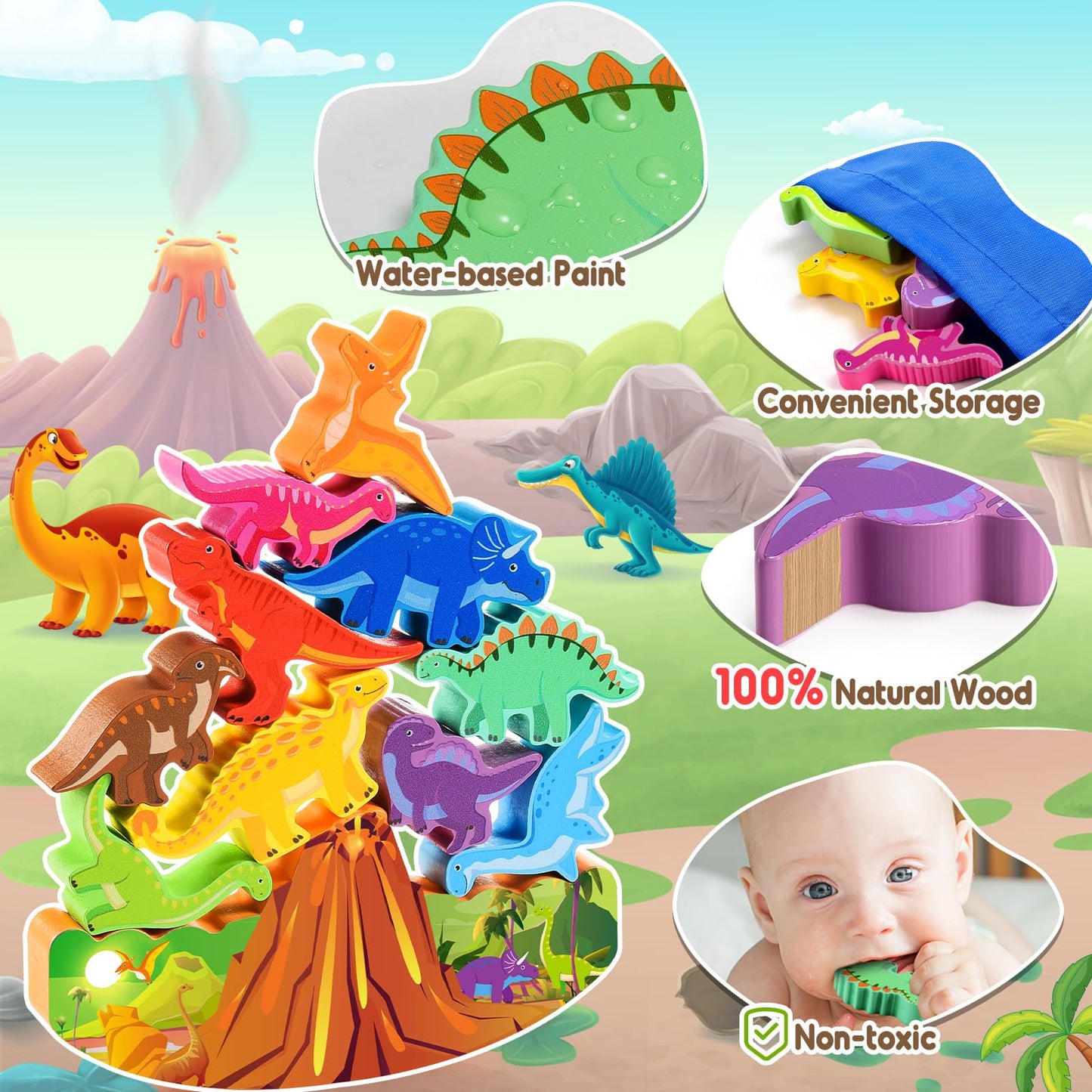 Ipourup Dinosaur Toys For Kids 2-7 Kid Wooden Stacking Blocks Montessori Toy For 3 4 5 6 7 8 Year Old Boys Girls Easter Birthday Gifts Toddler Balance Game Ages 2-4 3-5 Toys For Boy Girl Age 5-7