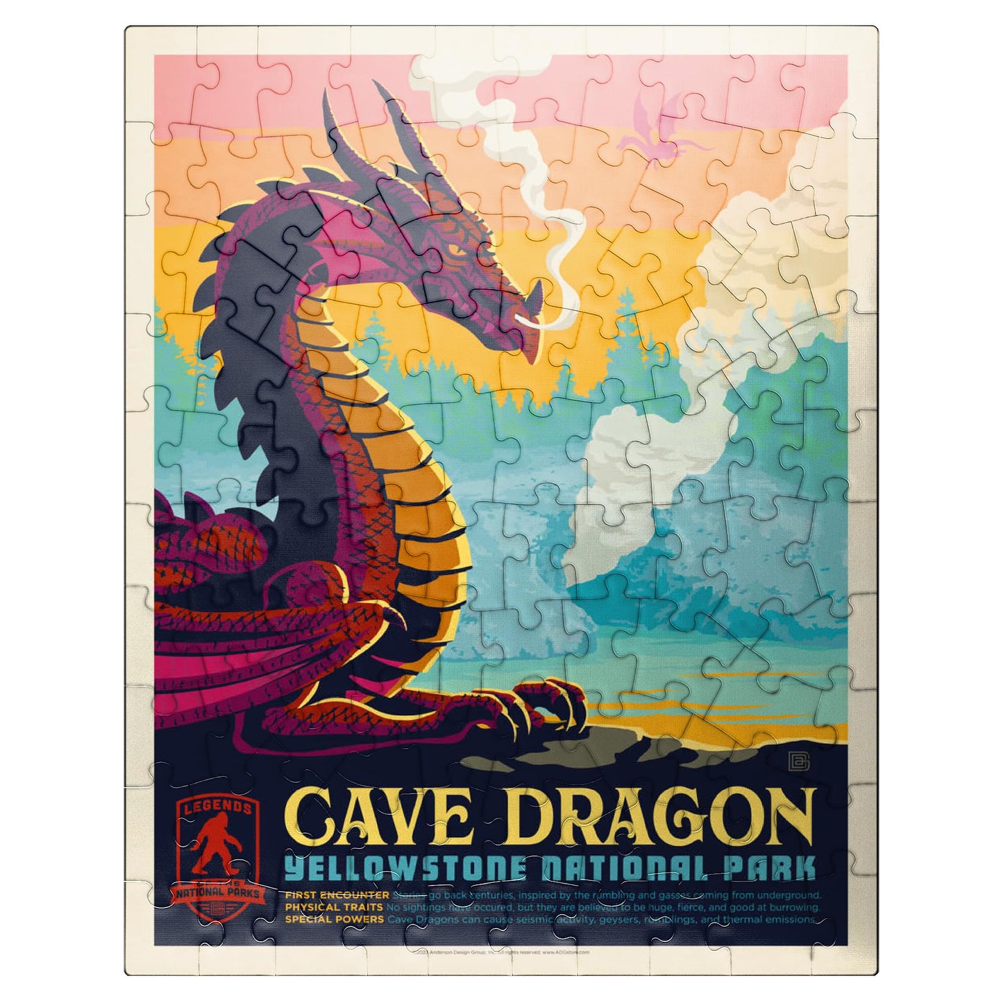 Mypuzzle Legends Of The National Parks: Yellowstone'S Cave Dragon, Vintage Poster - Premium 100 Piece Jigsaw Puzzle For Adults