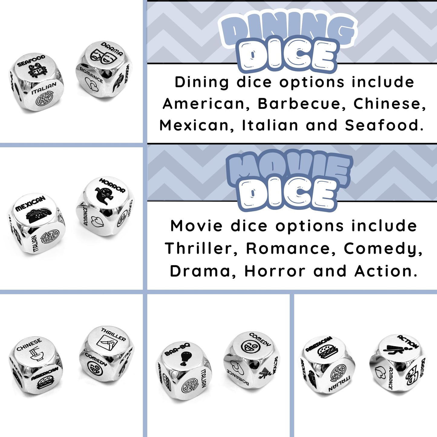Luck Lab Date Decider Dice - Date Night Dice With Velvet Storage Bag (Dinner & A Movie Decider Dice)