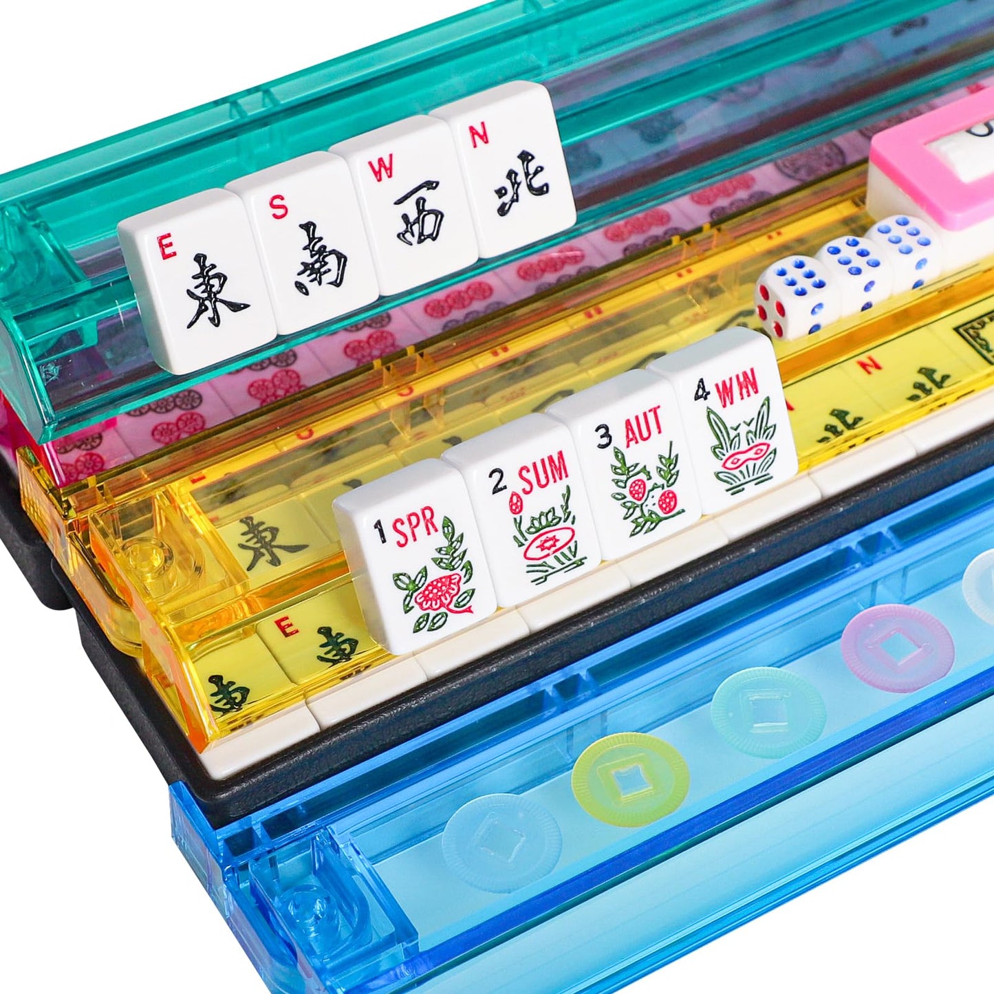 GUSTARIA American Mahjong Game Set - 166 Premium White Tiles, Blue Carrying Bag, 9"x20"x3", Melamine, 4 Color Racks/Pushers