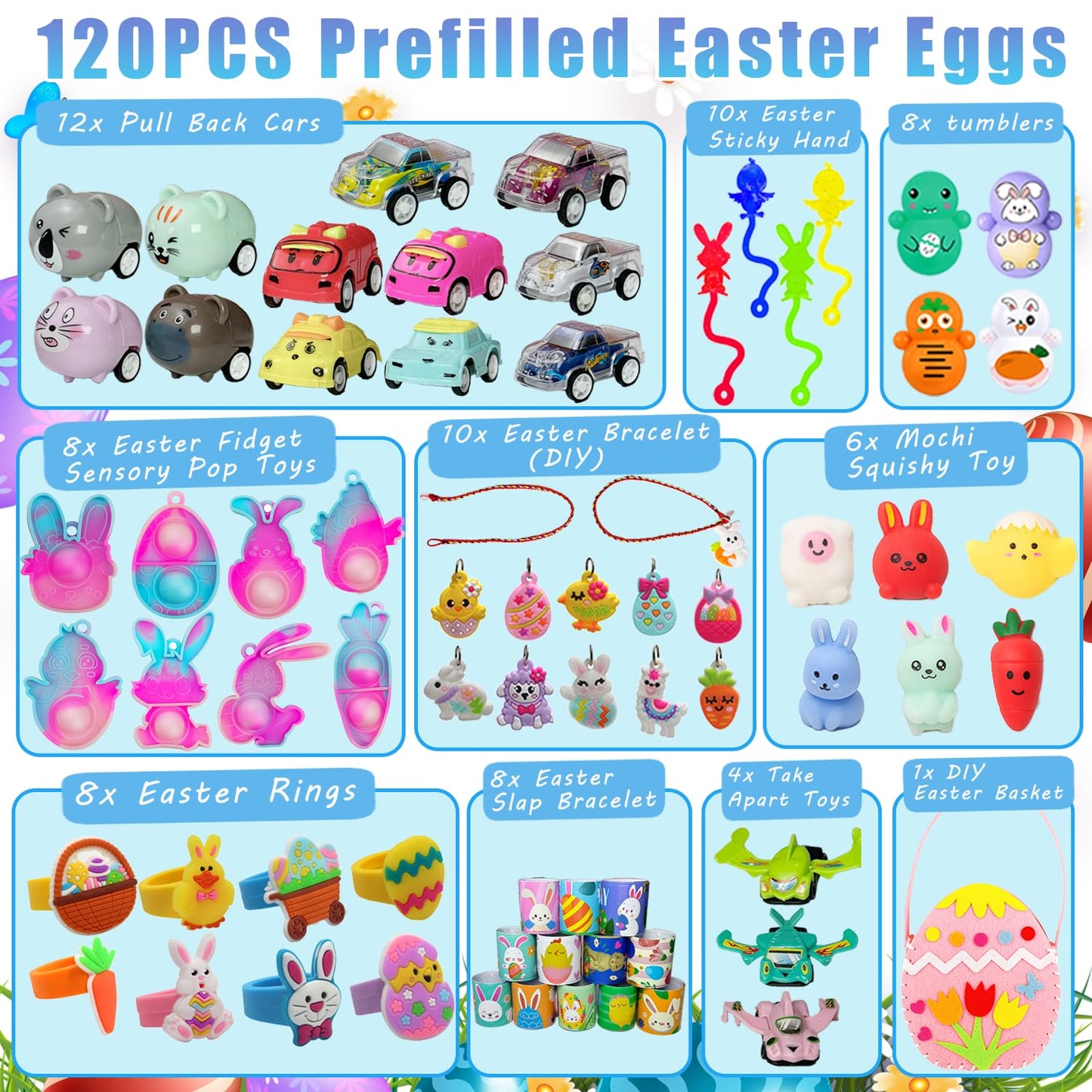 SQZUWIT 120 PCS Prefilled Easter Eggs Filled with Toys Inside for Kids Boys Girls Easter Hunt Basket Stuffers Essentials Fillers