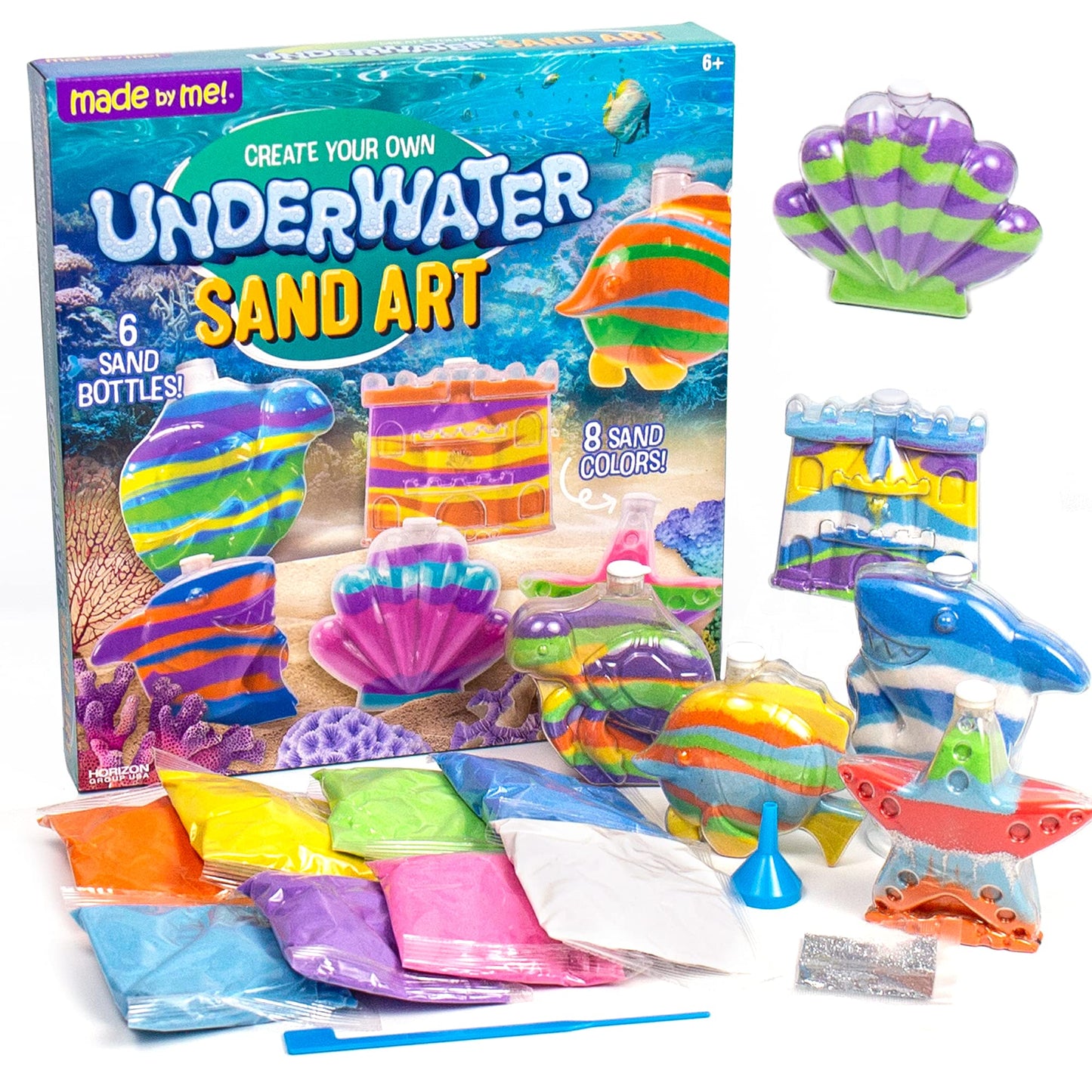 Made By Me Underwater Sand Art Kit, 6 Ocean-Themed Bottles, 8 Sand Colors, Glitter, Funnel, DIY Activity for Kids Ages 6-9