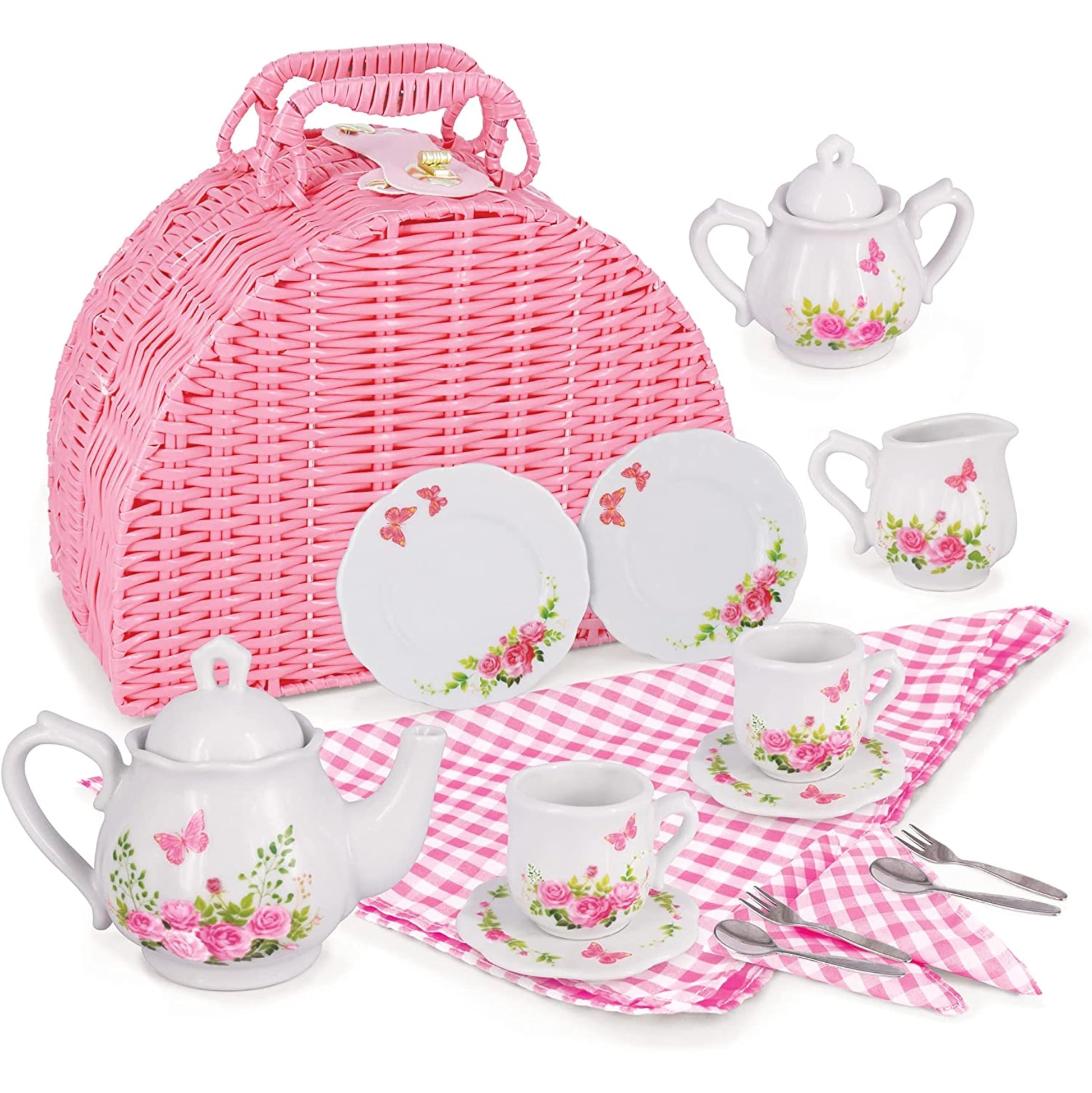 Jewelkeeper Tea Party Set for Little Girls - 18 Piece Toddler Tea Set with Floral Porcelain, Pink Wicker Basket, Utensils for Im