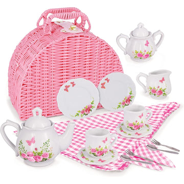 Jewelkeeper Tea Party Set for Little Girls - 18 Piece Toddler Tea Set with Floral Porcelain, Pink Wicker Basket, Utensils for Im