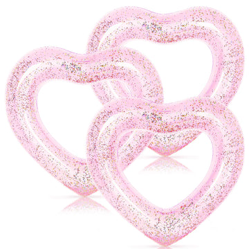 Whaline 3Pcs Inflatable Heart Pool Float With Glitter Inside Pink Swim Pool Rings Float Loungers Tube For Summer Pool Beach Bach