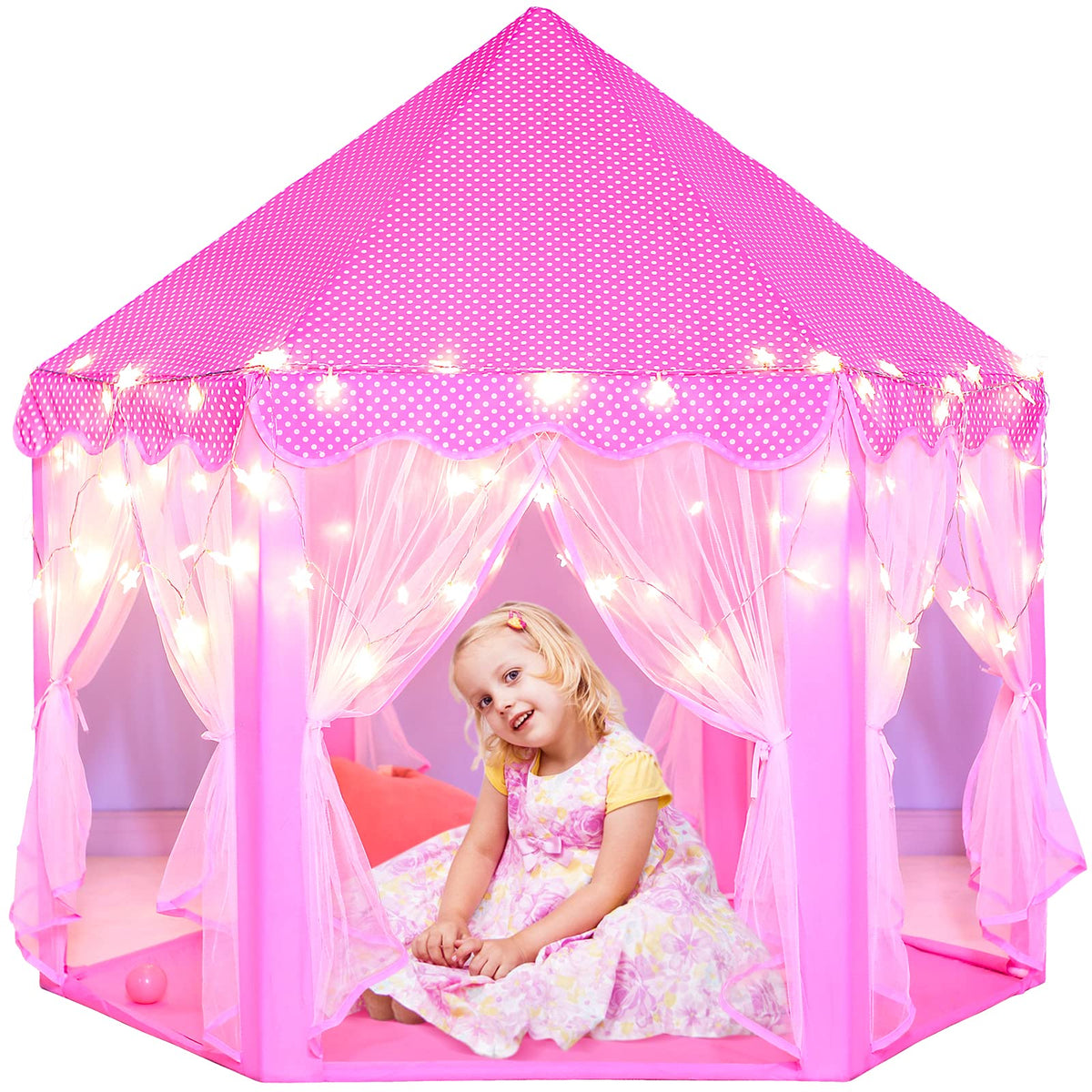 Princess Castle Play Tent For Girls: Sumerice Girls Play Tent With Lights  Pink Kids Playhouse Tent Indoor Outdoor Games  Hexa