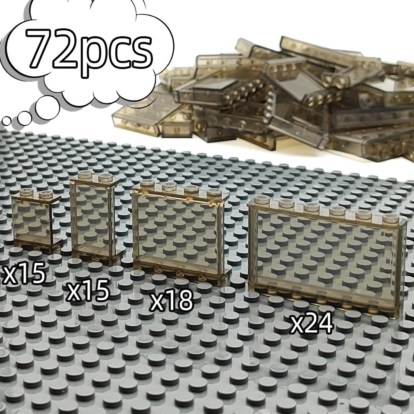 Zhx 72Pcs Clear Transparent Window House Building Brick Toy Classic Flat Plates Pieces And Parts Block Compatible With Major Brands (Black Mix)