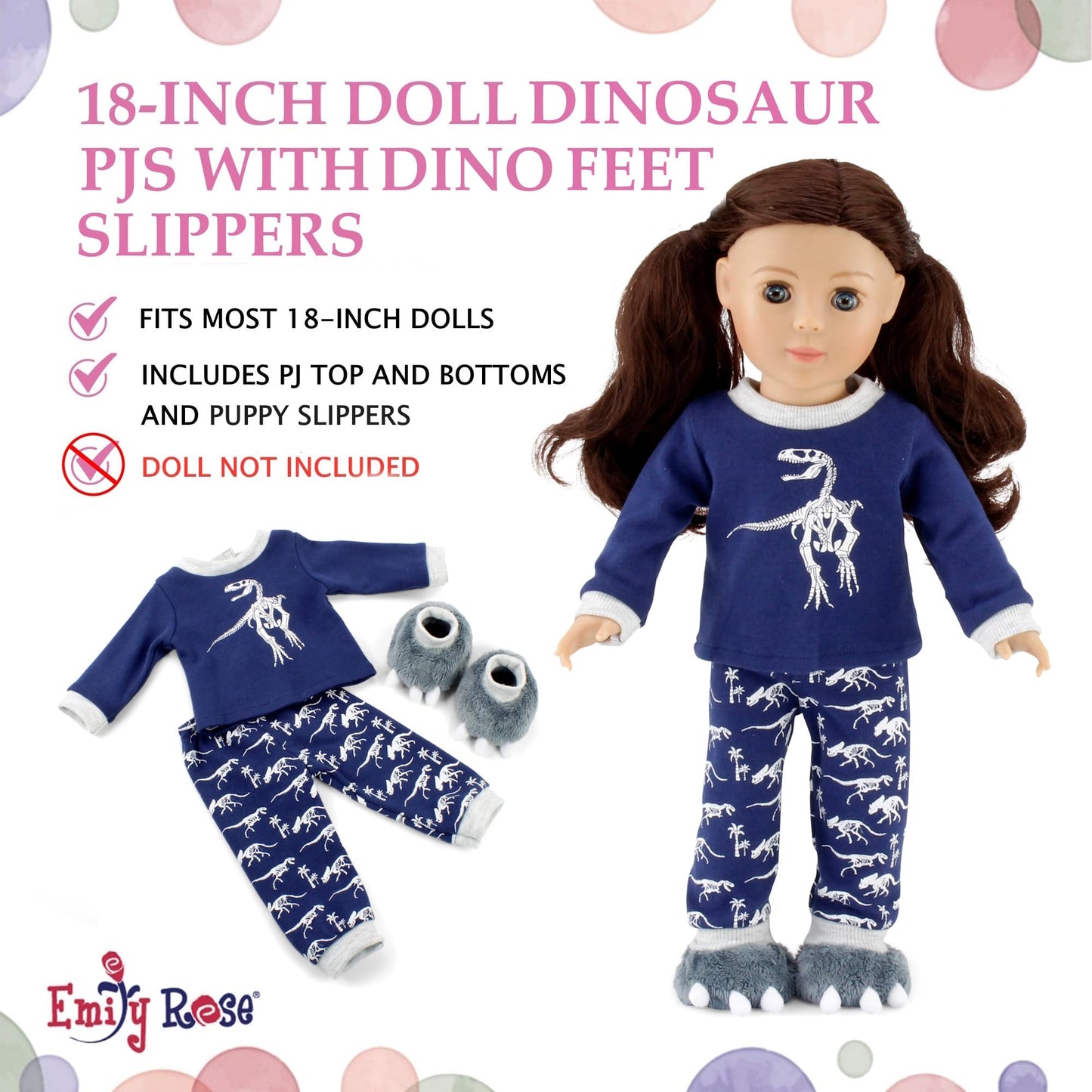 Emily Rose 18 Inch Doll Clothes 3-PC Blue and Grey Dinosaur Pajamas 18 Doll Accessories PJs Bedtime Set  Including Dino Slippers | Gift Boxed! | Double Reinforced Stitching |American Business