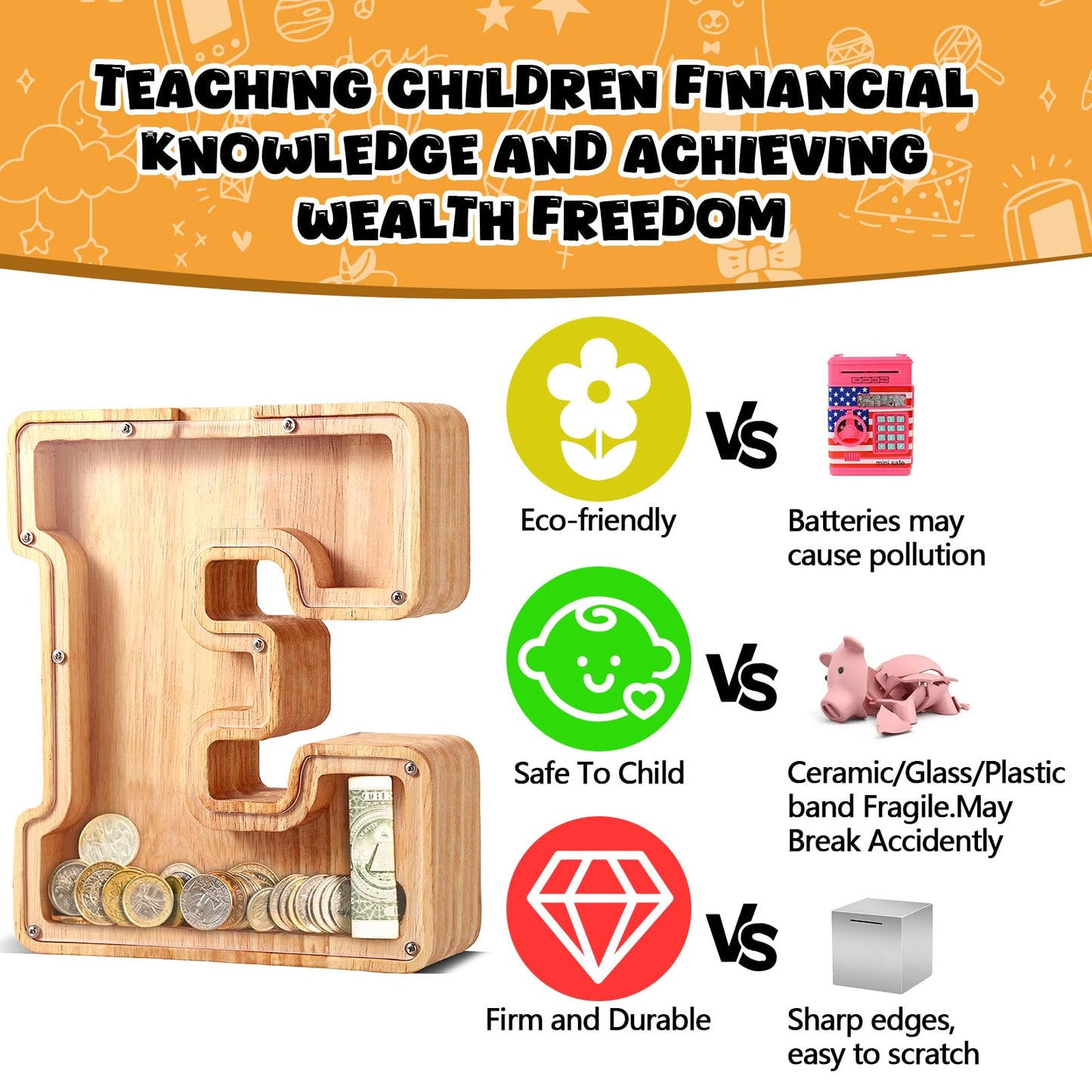 Ubeesize Letter Piggy Banks For Boys Girls, Wooden Personalized Bills And Coins Bank Money Box,Diy Name Birthday Gift For Kids,Bedroom Living Room Decoration(A)