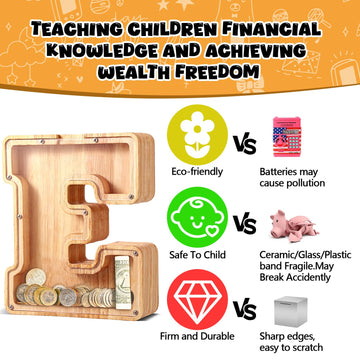 Ubeesize Personalized Wooden Kids Letter Piggy Bank,Piggy Bank For Boys Girls,Coin Bank Birthday Gift For Kids, Adults Gift Decoration(L)