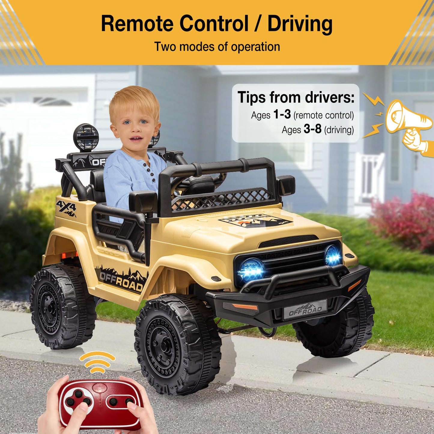 Hetoy 12V Electric Ride-On Truck for Kids - Remote Control Car with Spring Suspension, LED Lights, Music & 3 Speeds | Battery-Po
