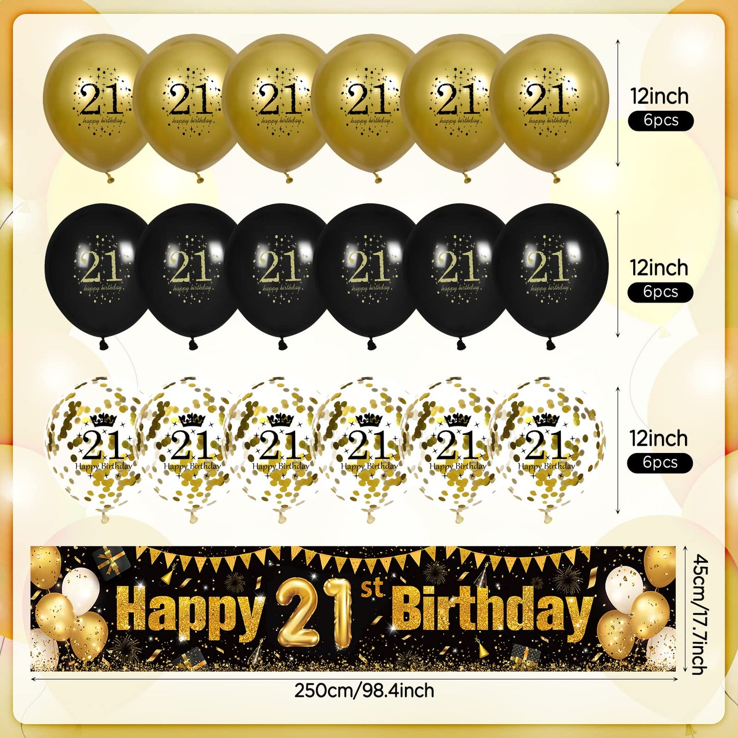 21St Birthday Decorations For Men Women Black And Gold, Black Gold Birthday Yard Balloon Banner Sign 18 Pcs 21Th Happy Birthday Balloons For 21 Anniversary Birthday Party Supplies Outdoor Yard Decor