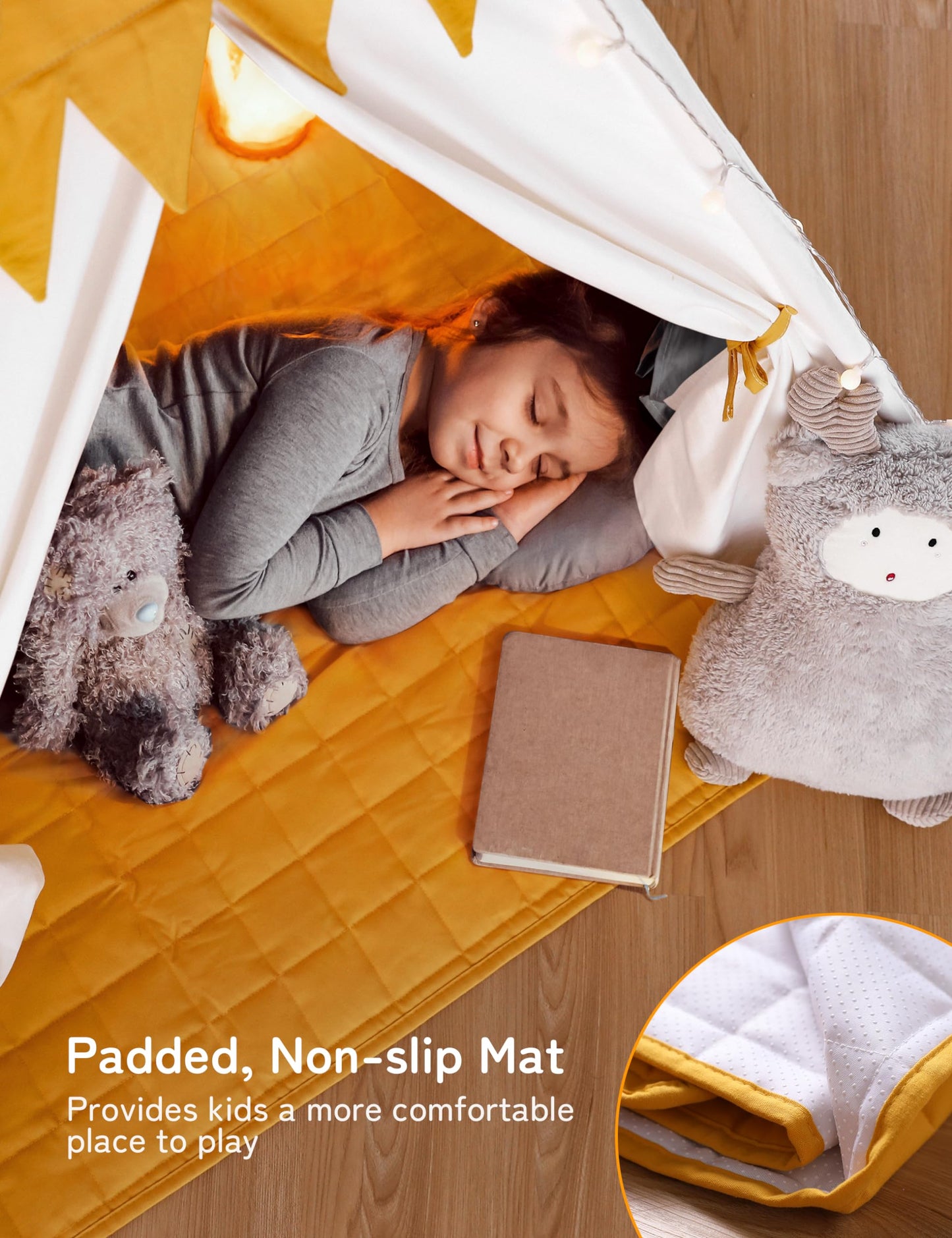 Besrey Toddler Teepee With Padded Mat And Lights, Play Tent For Kids Indoor, Baby Tipee Tent, Large Canvas Childrens Teepee, White Toddler Teepee, Gift For Boys And Girls (Yellow+White)