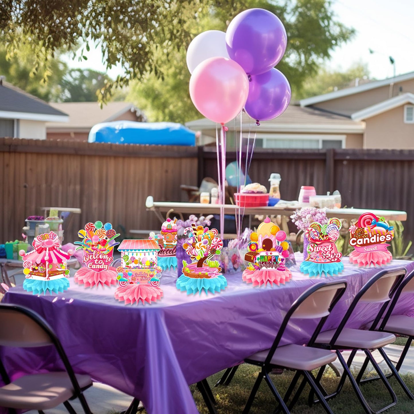 9PCS CandyLand Party Decorations, Candy Land Table Centrepieces Candy Themed Honeycomb Decorations Colourful Lollipop Birthday P