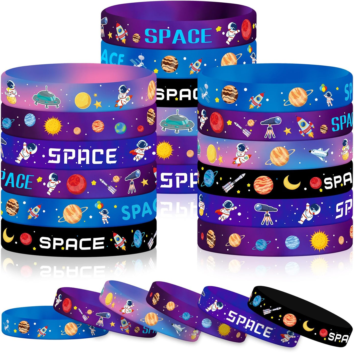 Junebrushs 42Pcs Outer Space Party Favors Silicone Bracelets Galaxy Astronaut Stars Space Rubber Wristbands Accessories For Students Space Themed Birthday Party Favors Decorations Supplies(6 Designs)