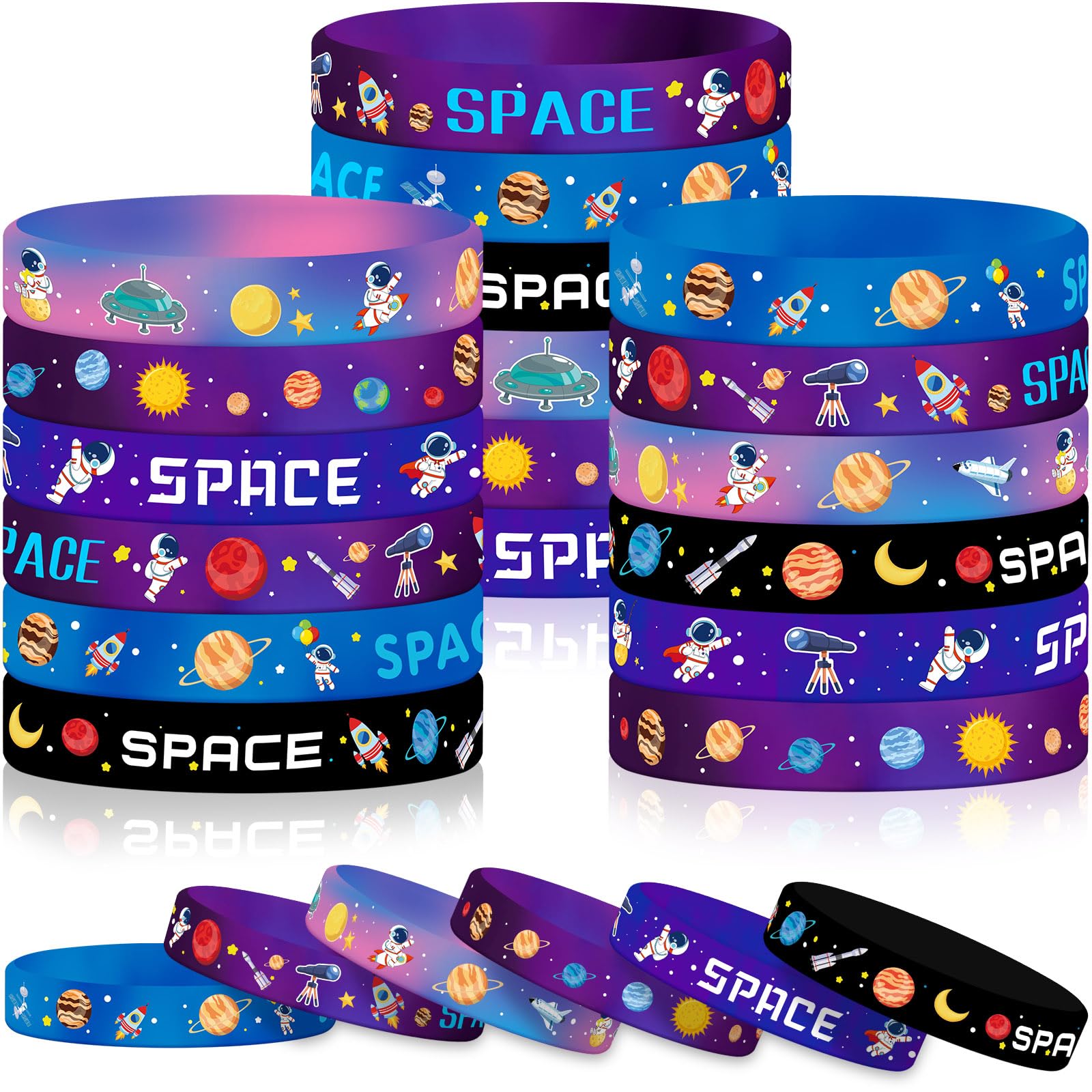 Junebrushs 42Pcs Outer Space Party Favors Silicone Bracelets Galaxy Astronaut Stars Space Rubber Wristbands Accessories For Students Space Themed Birthday Party Favors Decorations Supplies(6 Designs)