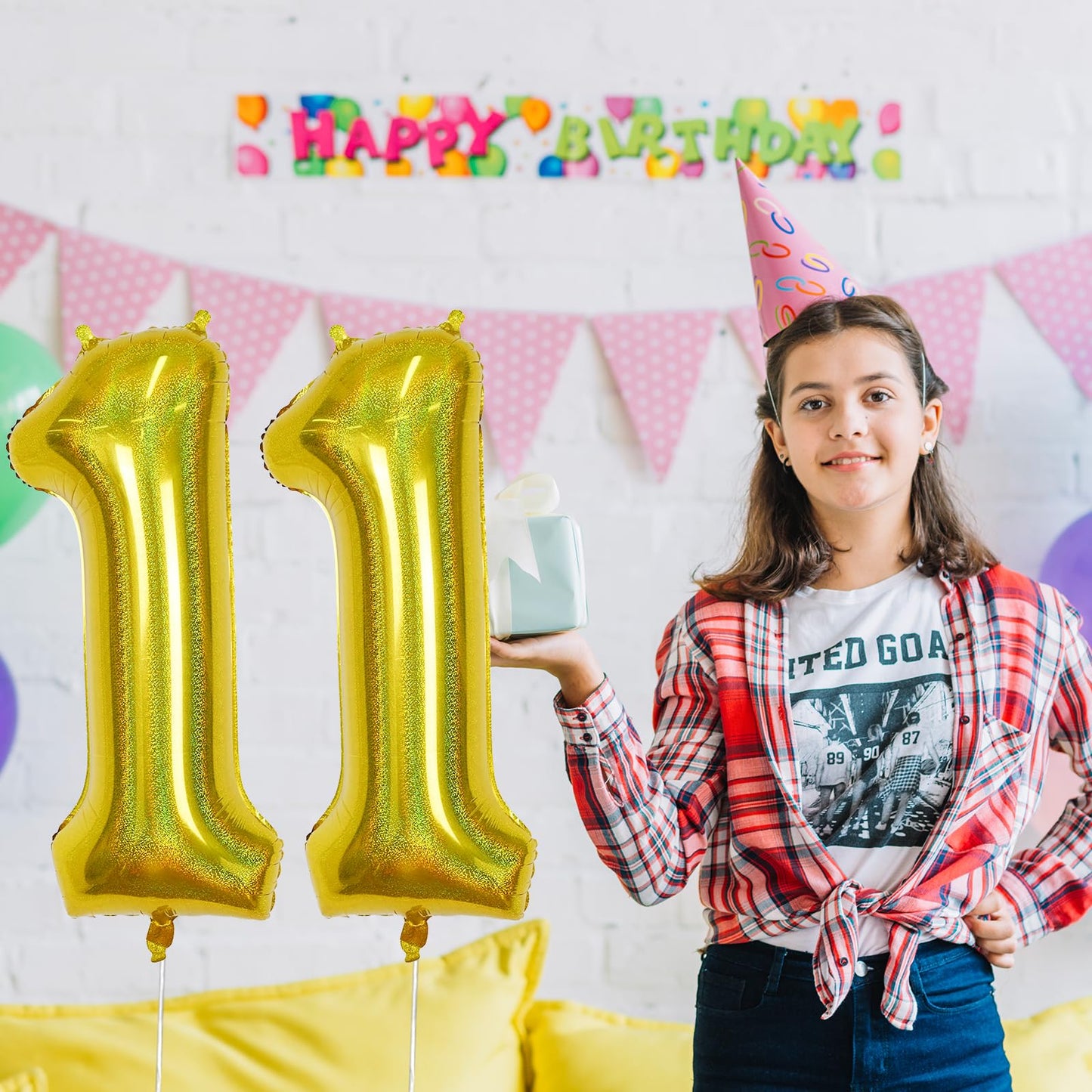 Giant Number 11 Balloon, 40 Inch Laser Gold Foil Balloon For 11 Year Old Birthday Decor, Mylar Helium Self Inflating Globos Dora