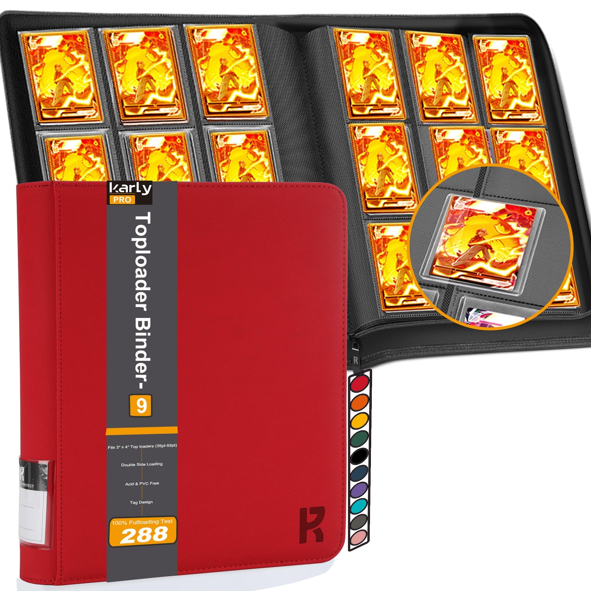 KarlyPro Top Loader Binder Holds 288 Plastic 3x4 Sleeves in Cards Storage 9-Pocket enhanced Zip Album Collection Binder forTCG MTG Cards Baseball Cards for Other Trading Cards in 3 x 4 Sleeves-Red