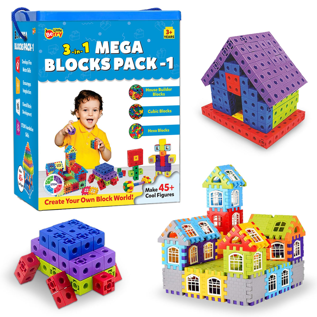 Little Berry 3In1 Plastic Building Blocks For Kids (Pack 1): Hexa, Cubic & House Builder Blocks | Blocks Puzzle Games For Kids