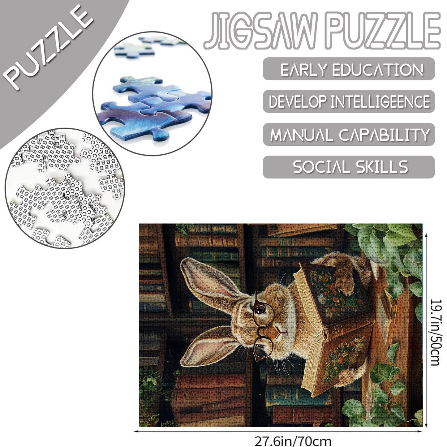 The Rabbit Wearing Glasses Puzzles for mature-themeds 1000 Pieces Retro Library Jigsaw Puzzle for mature-themed Collection Cute Bunny Reading Books Jigsaw Puzzles as Gift for Animal Lovers