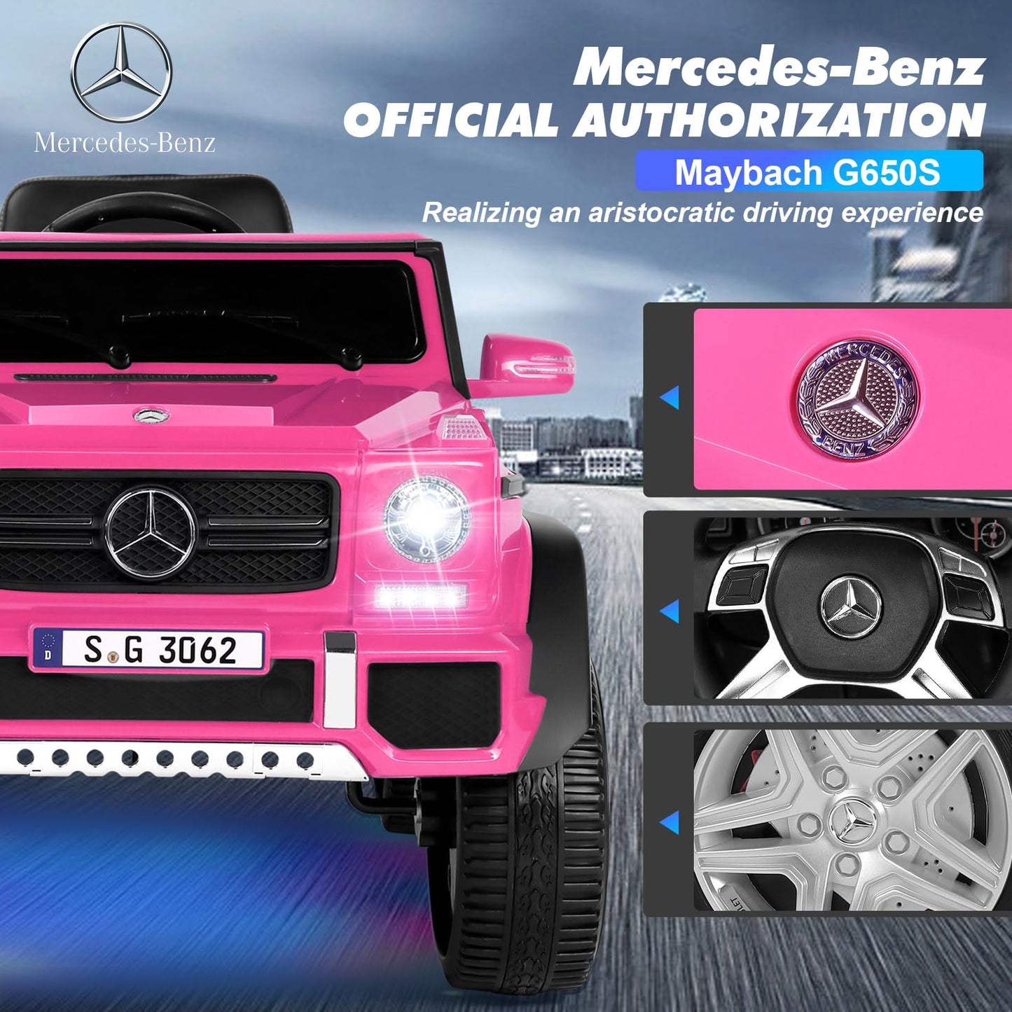 JOYLDIAS Licensed Mercedes-Benz G650S Ride On Car for Kids  12V7AH Kids Ride On Truck with 2.4Ghz Remote Control  3 Speeds  Bluetooth Music LED Lights  Spring Suspension  Pink