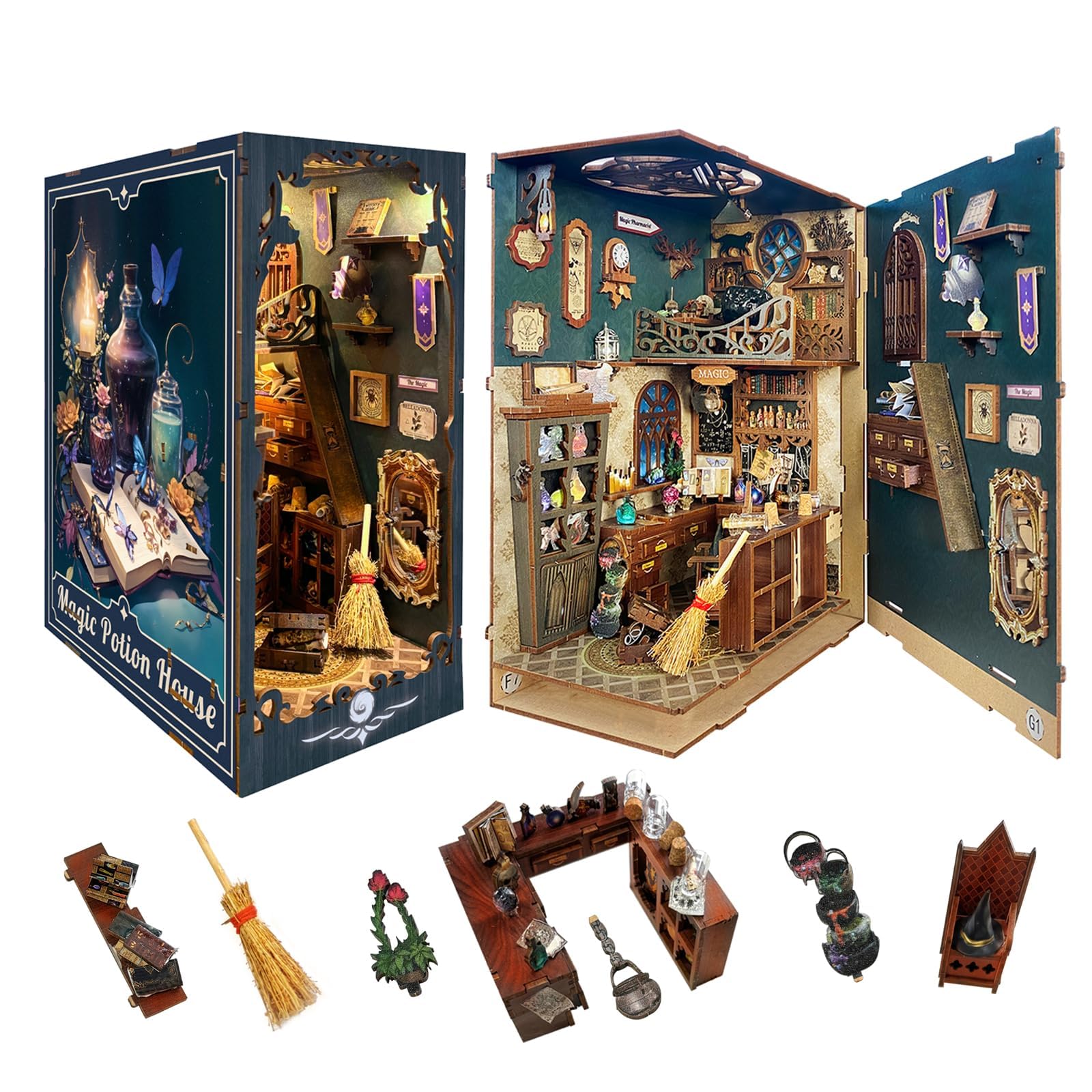 Strucwood Diy Magic Book Nook Kit Miniature House Kit Tiny House Bookshelf Decor 3D Wood Puzzle Dollhouse For Adults - Magic Pot