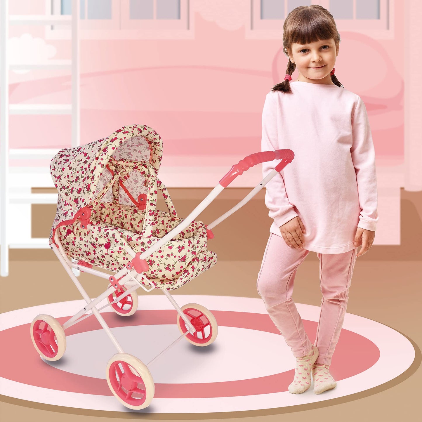 Baby Doll Stroller Play Set, 3-In-1 Babydoll Stroller With Removable Bassinet Baby Carriage For Dolls Toy Doll Stroller For Toddlers 3-4 Years, (Floral)