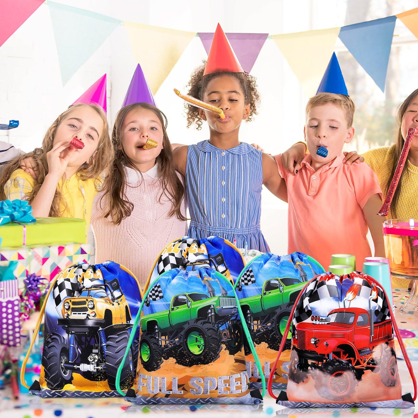 Yinder 16 Pcs Truck Party Drawstring Bags Gift Racing Candy Treats Bags Kids Truck Theme Birthday Party Supplies Decoration