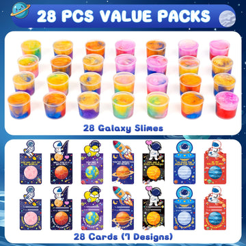 28 Pack Valentines Day Gift For Kids, Galaxy Slime Stress Relief Fidget Toy With Kids Valentines Day Cards, Valentines For Kids