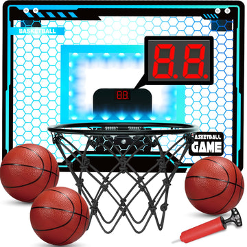 Folimix Mini Basketball Hoop Indoor For Kids, Basketball Hoop Over The Door With Led Lighting, Electronic Scoreboard & 3 Balls,