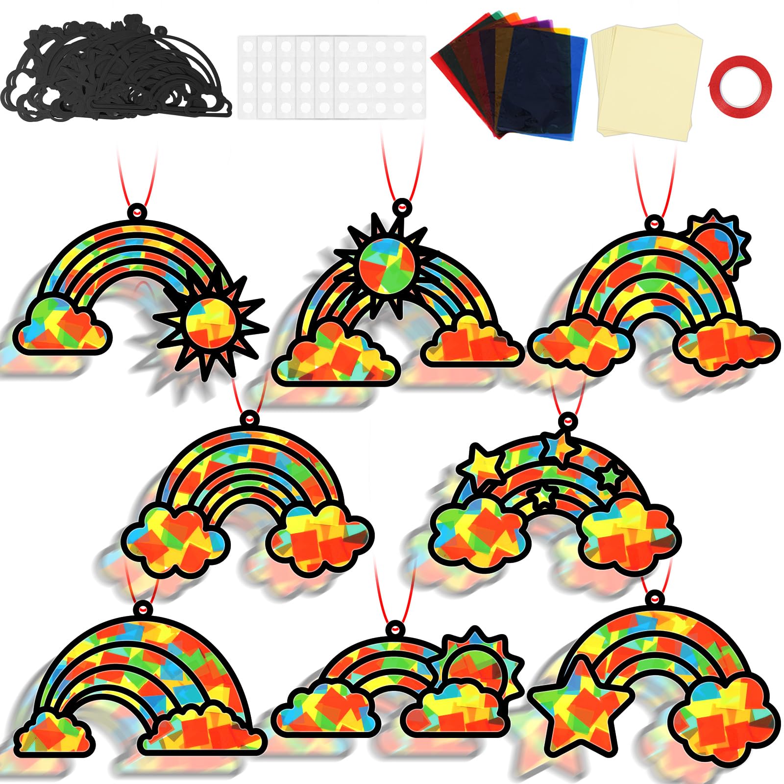 QOUBAI 32 Sets Rainbow Suncatchers Craft Kit DIY Window Stained Glass Effect Planet Rainbow Sun Paper Crafts Home School Classro
