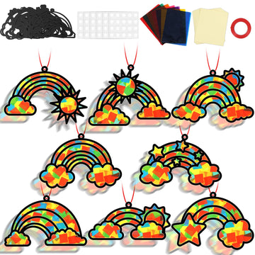 QOUBAI 32 Sets Rainbow Suncatchers Craft Kit DIY Window Stained Glass Effect Planet Rainbow Sun Paper Crafts Home School Classro