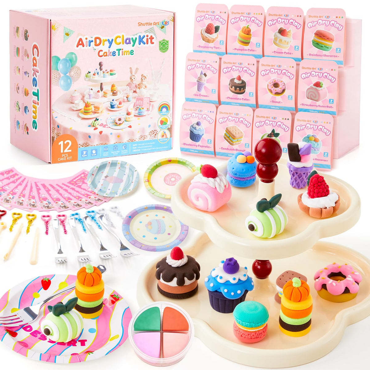 Shuttle Art Air Dry Clay For Kids  Cake Time, 51 Pcs Modeling Clay Kit With Sculpting Tools And Tutorials, Safe & NonSticky, C