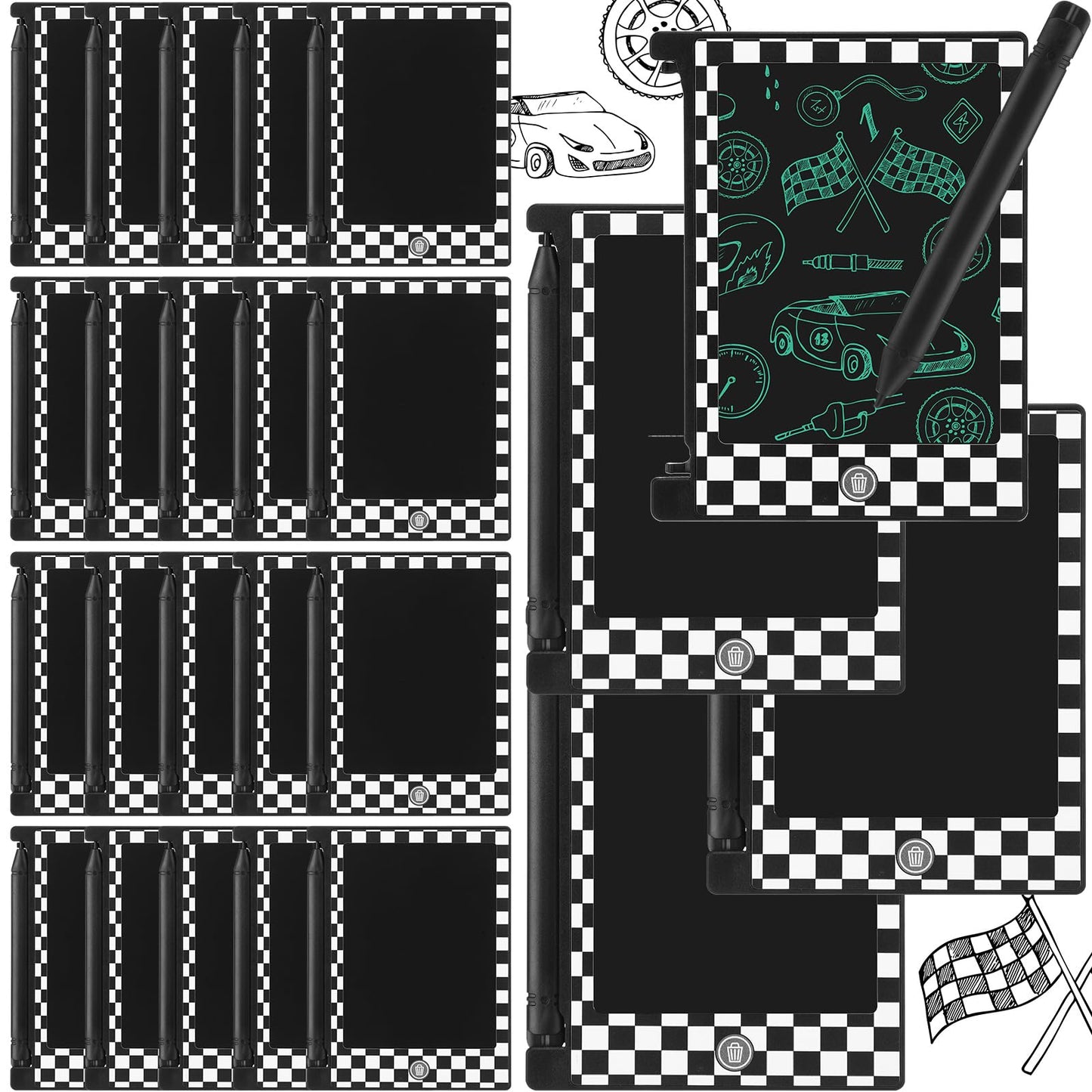 Nezyo 24 Pack Race Car Party Favors, 4.6 Mini LCD Writing Tablet for Kids, Race Car Checked Board Drawing Tablet Erasable Reus