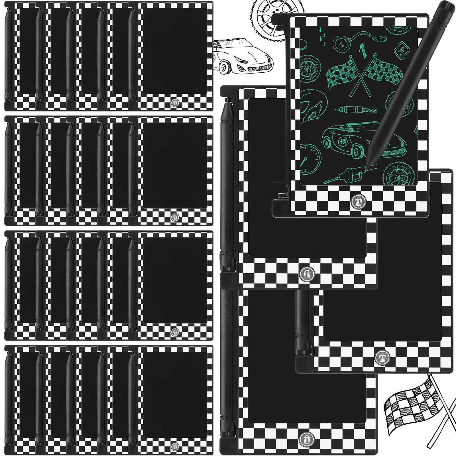 Nezyo 24 Pack Race Car Party Favors, 4.6 Mini LCD Writing Tablet for Kids, Race Car Checked Board Drawing Tablet Erasable Reus