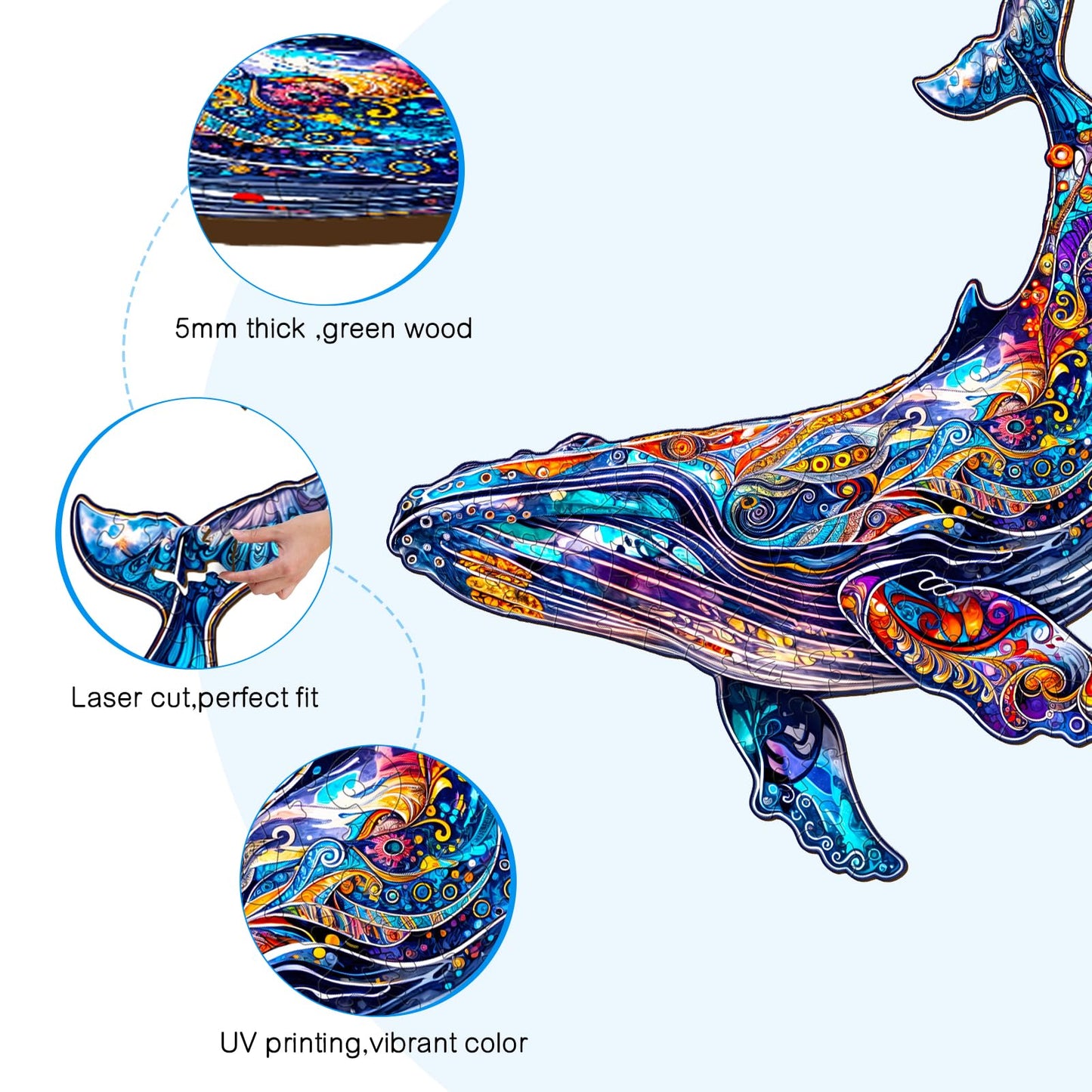 Aeekdook Wooden Puzzle for mature-themeds - Blue Whale Wood Puzzles mature-themed - Unique Animal Shape Wooden Jigsaw Puzzles for mature-themeds - Birthday Gifts for Puzzle Lovers  Family (12.2 * 9.7in)