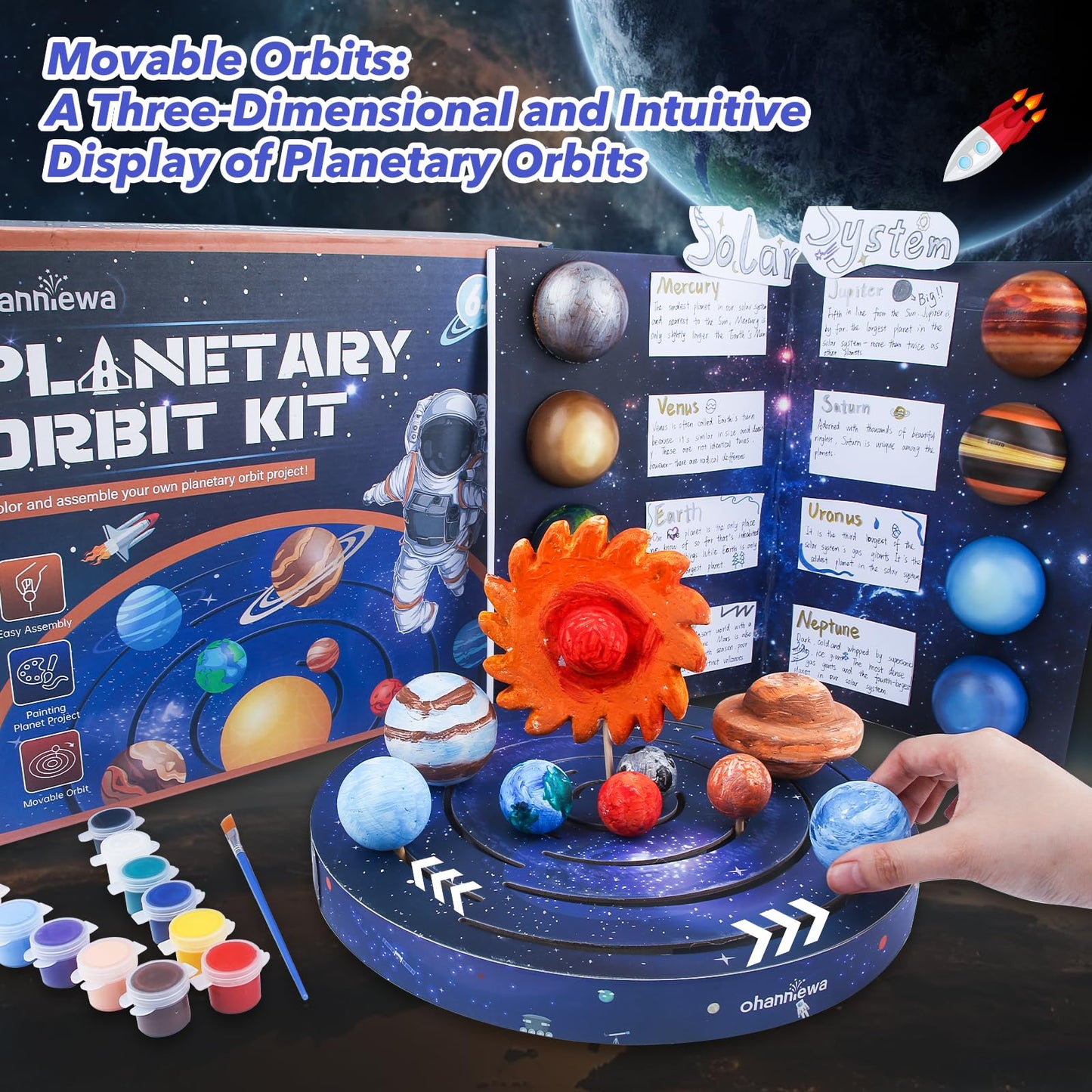 Ohanniewa Solar System Project Kit for Kids, Mixed Sized Foam Balls,Painting Tools and Disc Planetary Orbits,DIY Planets Model f