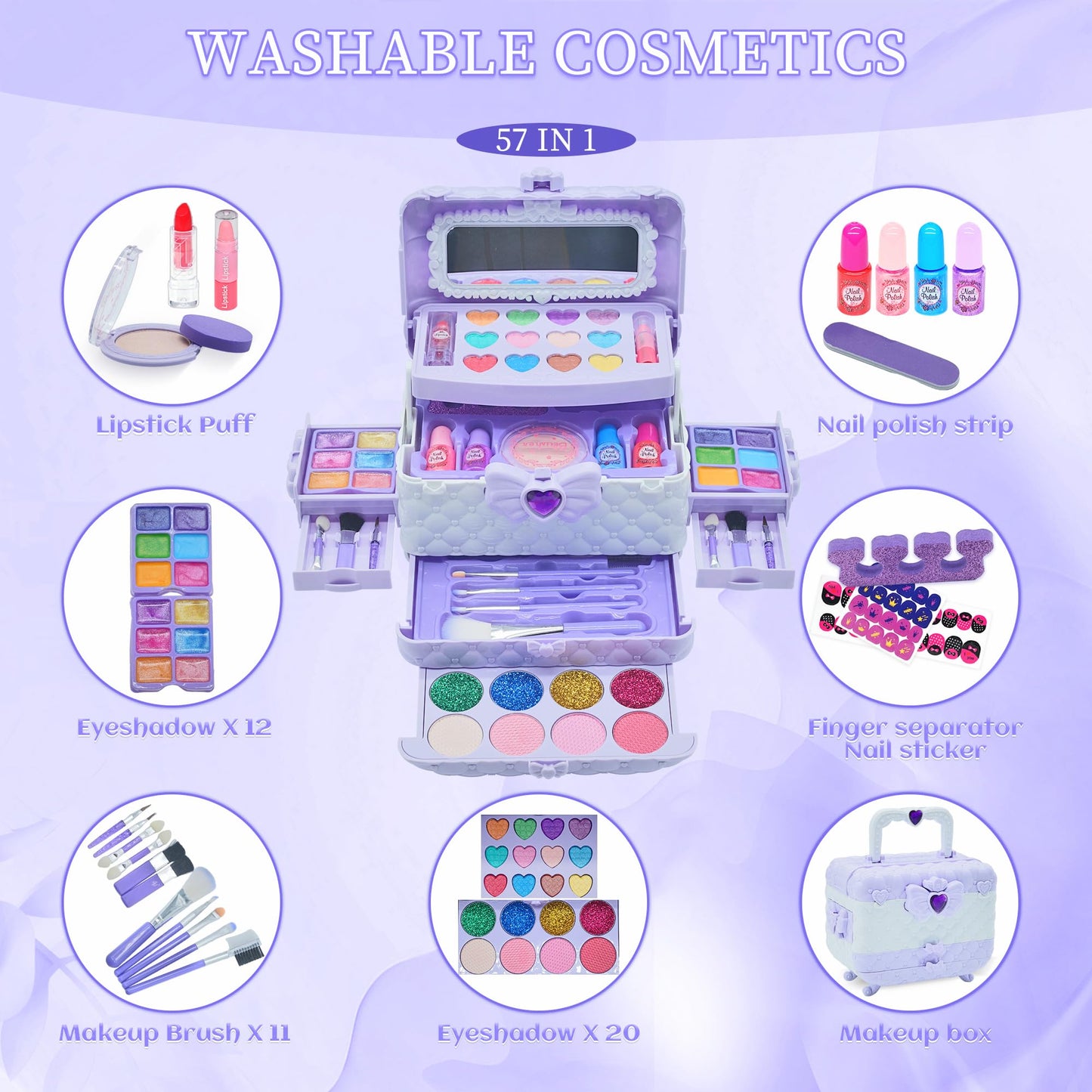 Kids Makeup Kit for Girl - 57PCS Kids Toys Make Up Set,Non Toxic & Washable Little Girls Toddler Toy,Princess Toys Play Makeup f