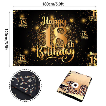 Happy 18Th Birthday Backdrop Banner Step And Repeat 18 Years Old Background Decorations For Women Men Her Him Photography Party Supplies Glitter Black Gold