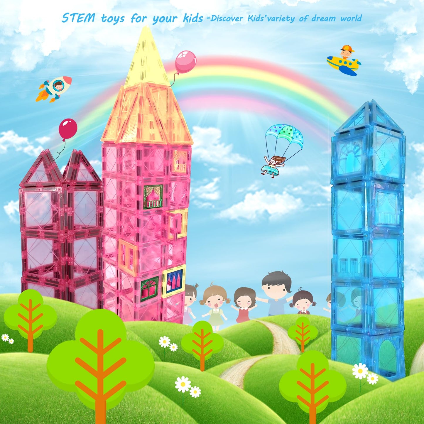 WOOANT Magnetic Tiles Building Blocks 100PCS Magnets Building Set Magnetic Blocks Montessori Toy Construction STEM Stacking Toys 3D Toy Gift for Kids 3+ Years Old Boys and Girls preschool Kindergarden