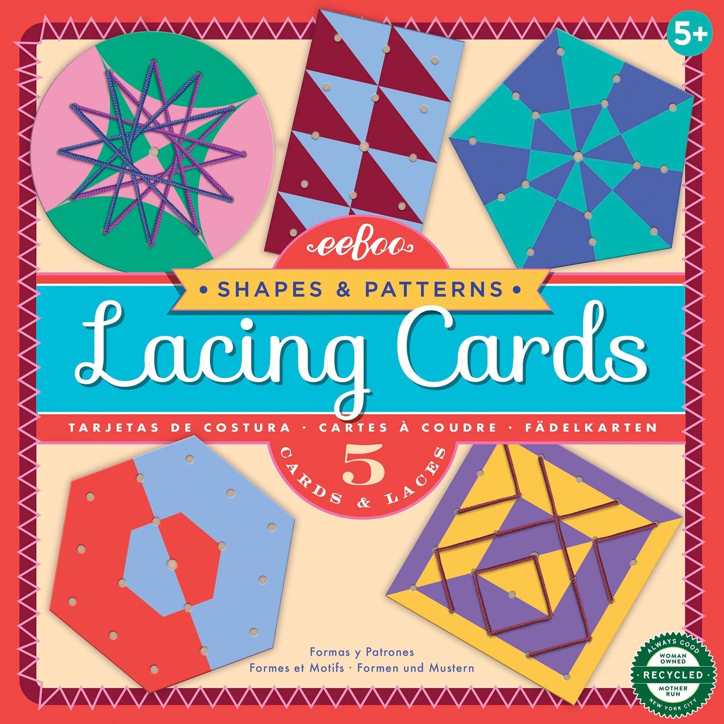 Eeboo Shapes & Patterns Lacing Cards/Set Of 5 Cards/Ages 3+ (Lcgeo)