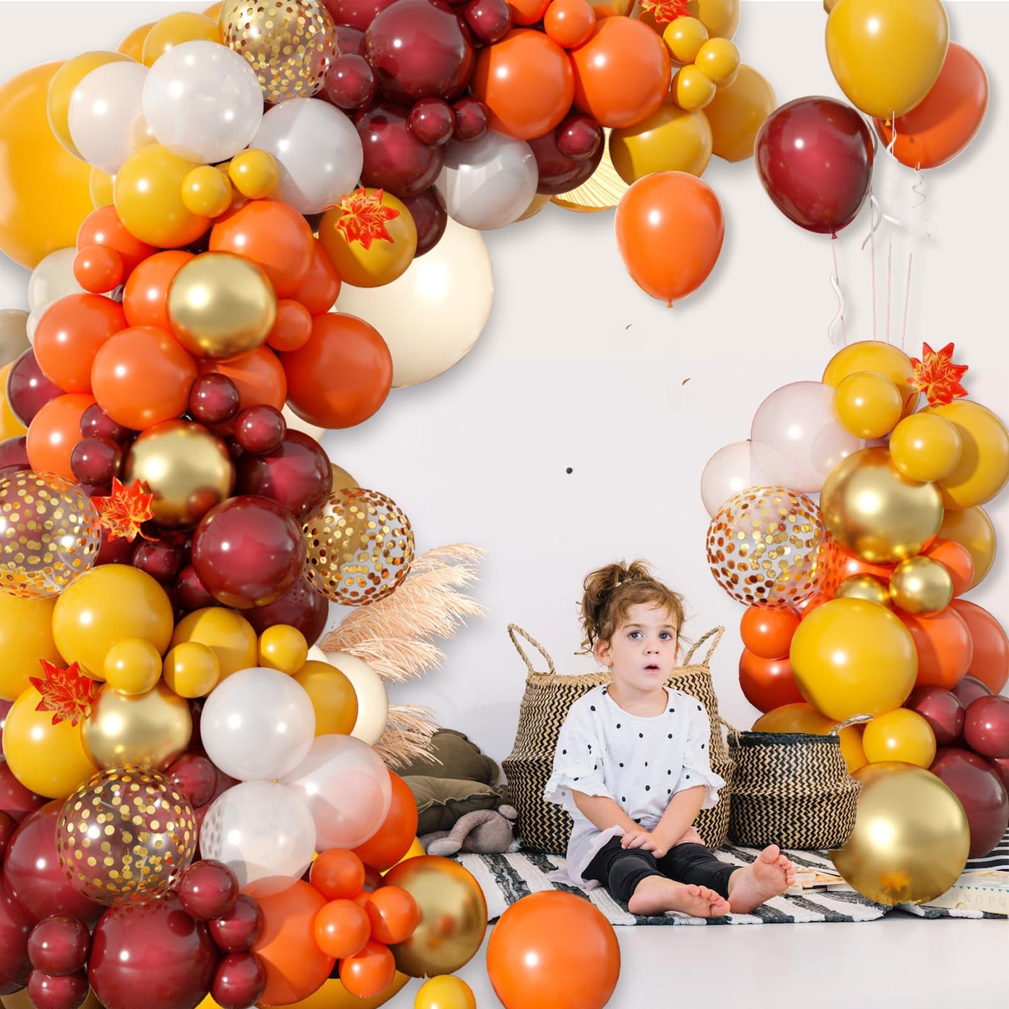 Biapian Fall Balloon Garland Arch Kit, 118 Pcs Burgundy Yellow Orange Red Gold Balloons Gold Confetti Leaf Pine Cones Foil Ballo