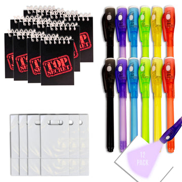 4E's Novelty 12 Invisible Ink Pen with UV Light, 12 Mini Top Secret Notebook and 12 White Goodie Bags - Fun Bulk Party Favors fo